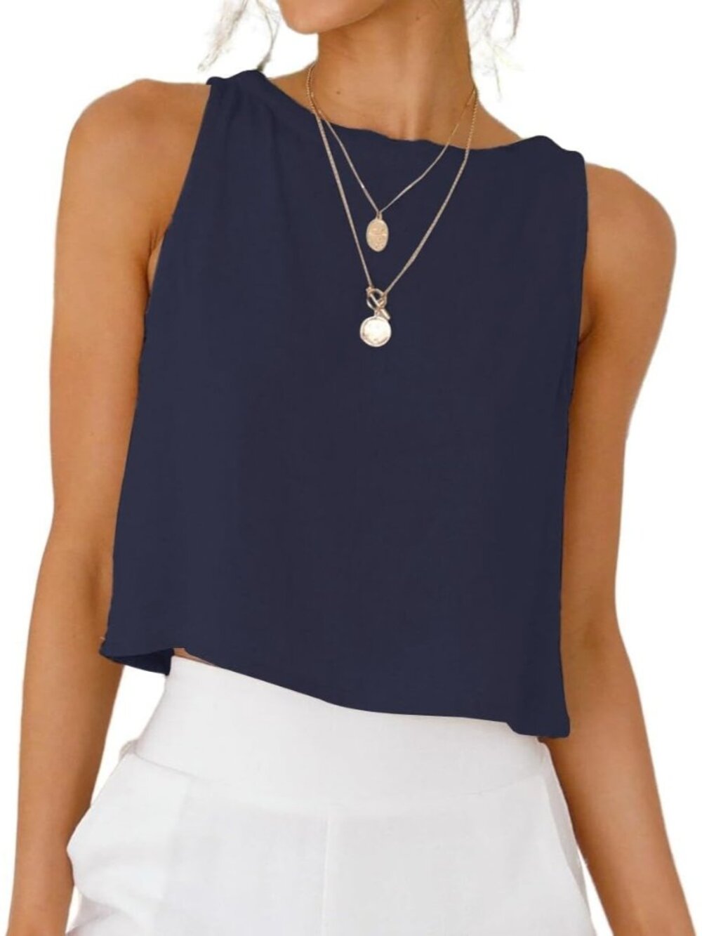 Women's Navy Button Linen Summer Beach Sleeveless Imported Tank Top
